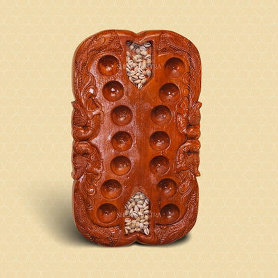 Hand Carved Teakwood Pallanguli Board with Peacock Motif – Traditional Mancala Game