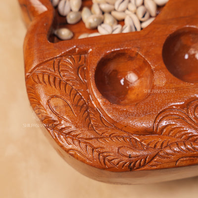 Hand Carved Teakwood Pallanguli Board with Peacock Motif – Traditional Mancala Game