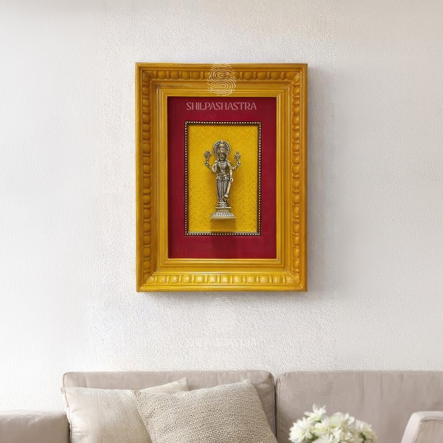 Brass Vishnu Idol in Manipuri Style Teakwood Vintage Frame Wall Decor for Home & Pooja (Size 12 In x 8 In)