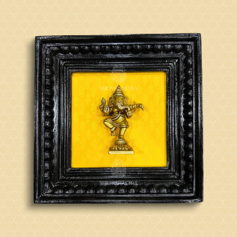 Brass Dancing Ganesha Idol in Premium Teakwood Frame Wall Decor for Home & Pooja Room (Size 6 In x 6 In)