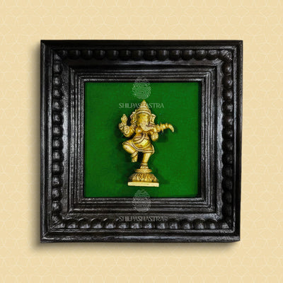 Brass Dancing Ganesha Idol in Premium Teakwood Frame Wall Decor for Home & Pooja Room (Size 6 In x 6 In)