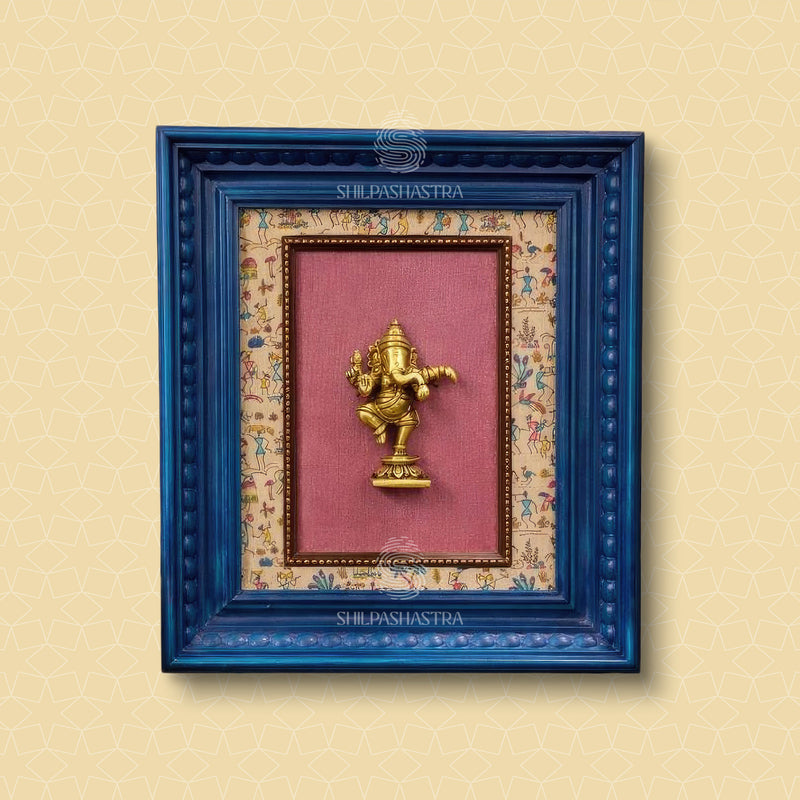 Dancing Ganesha Brass Idol Frame – Vintage Manipuri Heritage Wall Frame (10x8 Inch)