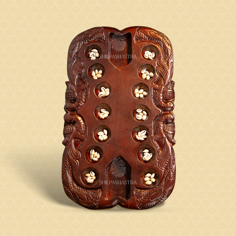 Hand Carved Mahogany Pallanguli Board with Peacock Motif – Melamine Finish Traditional Game