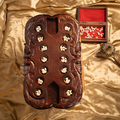 Hand Carved Mahogany Pallanguli Board with Peacock Motif – Melamine Finish Traditional Game