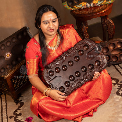 Hand Carved Mahogany Pallanguli Board with Peacock Motif – Melamine Finish Traditional Game