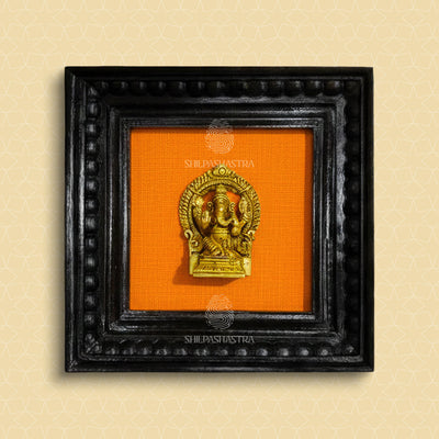 Brass Ganesha Idol in Premium Teakwood Frame Wall Decor for Home & Pooja Room (Size 6 In x 6 In)