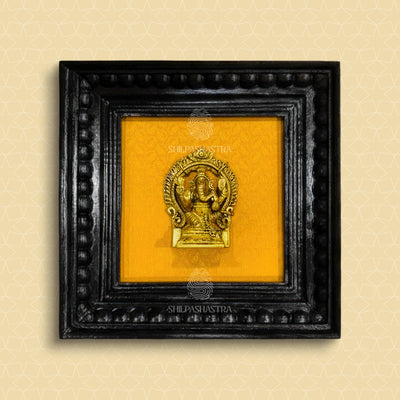 Brass Ganesha Idol in Premium Teakwood Frame Wall Decor for Home & Pooja Room (Size 6 In x 6 In)