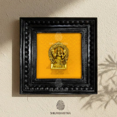 Brass Ganesha Idol in Premium Teakwood Frame Wall Decor for Home & Pooja Room (Size 6 In x 6 In)