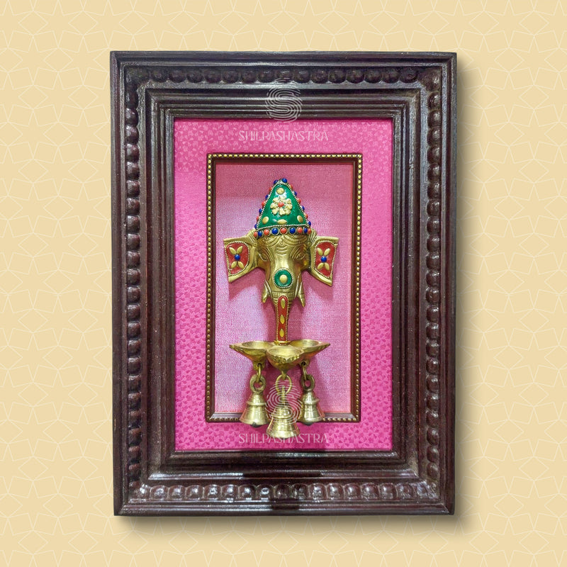 Gemstone Ganesha Brass Idol Frame with Bell – Manipuri Heritage Wall Frame (12x8 Inch)
