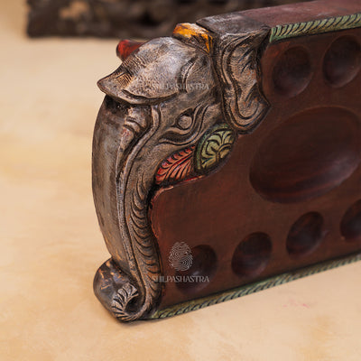 Hand Carved Mahogany Pallanguli Board with Elephant Motif & Floral Border – Traditional Mancala Game