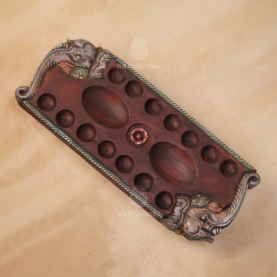 Hand Carved Mahogany Pallanguli Board with Elephant Motif & Floral Border – Traditional Mancala Game