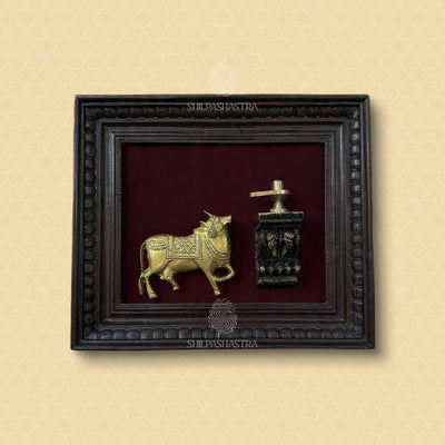 Kamadhenu with Shiva Lingam Brass Idol Frame – Manipuri Heritage Wall Frame (10x8 Inch)