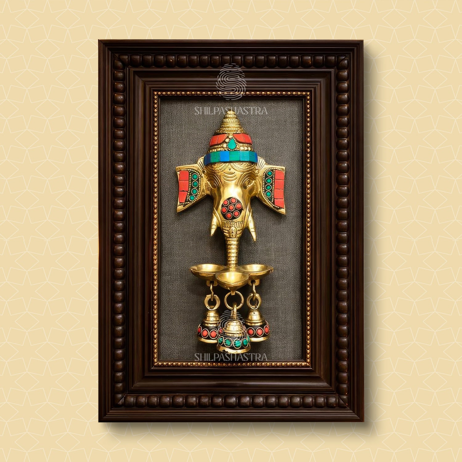 Gemstone Ganesha Brass Idol Frame – Manipuri Heritage Frame with Bell (12x8 Inch)