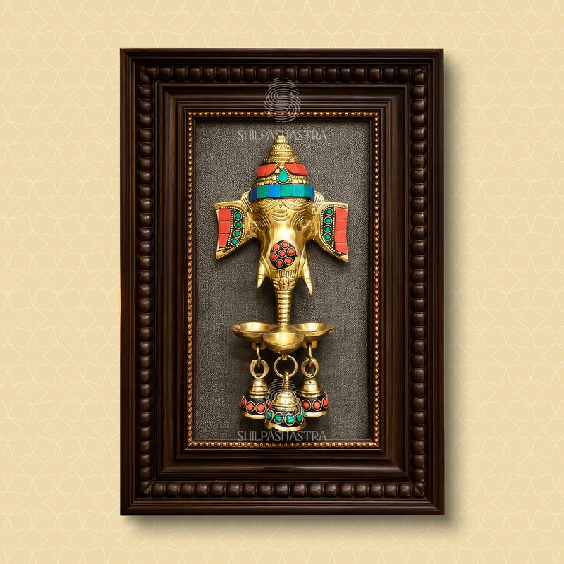 Gemstone Ganesha Brass Idol Frame – Manipuri Heritage Frame with Bell (12x8 Inch)