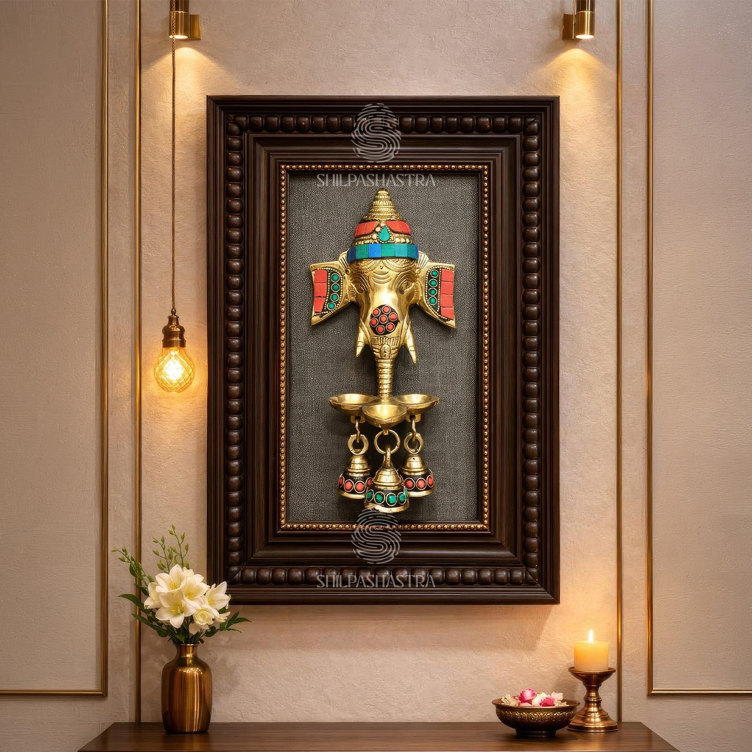 Gemstone Ganesha with Lamp and Bell In Manipuri Heritage Frame Wall Decor for Home & Pooja (Size 12 In x 8 In)