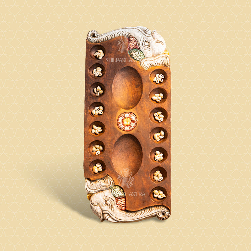 Hand Carved Mahogany Pallanguli Board with Elephant Motif – Traditional Mancala Game