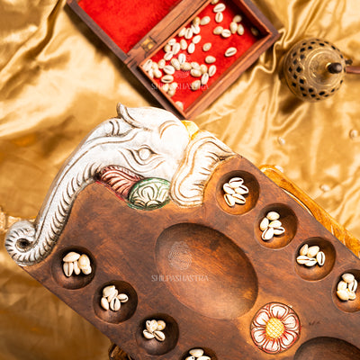 Hand Carved Mahogany Pallanguli Board with Elephant Motif – Traditional Mancala Game