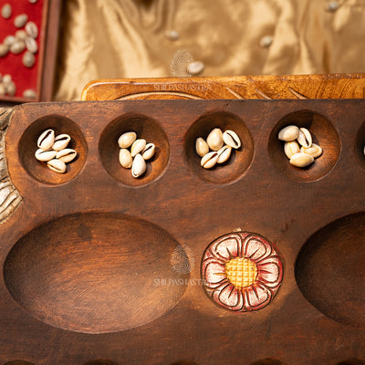 Hand Carved Mahogany Pallanguli Board with Elephant Motif – Traditional Mancala Game