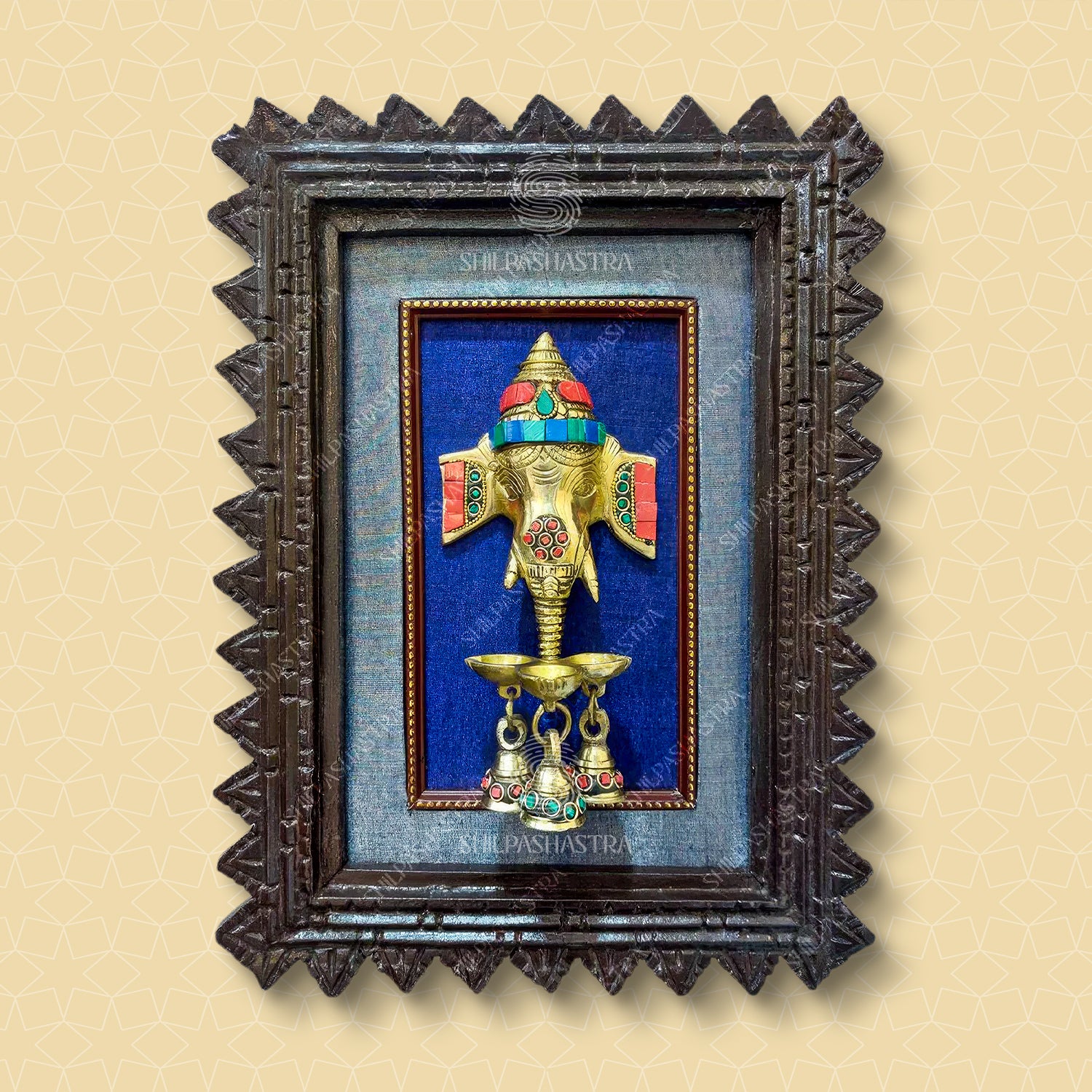Gemstone Ganesha with Lamp and Bell In Chettinadu Heritage Frame Wall Decor for Home & Pooja (Size 12 In x 8 In)