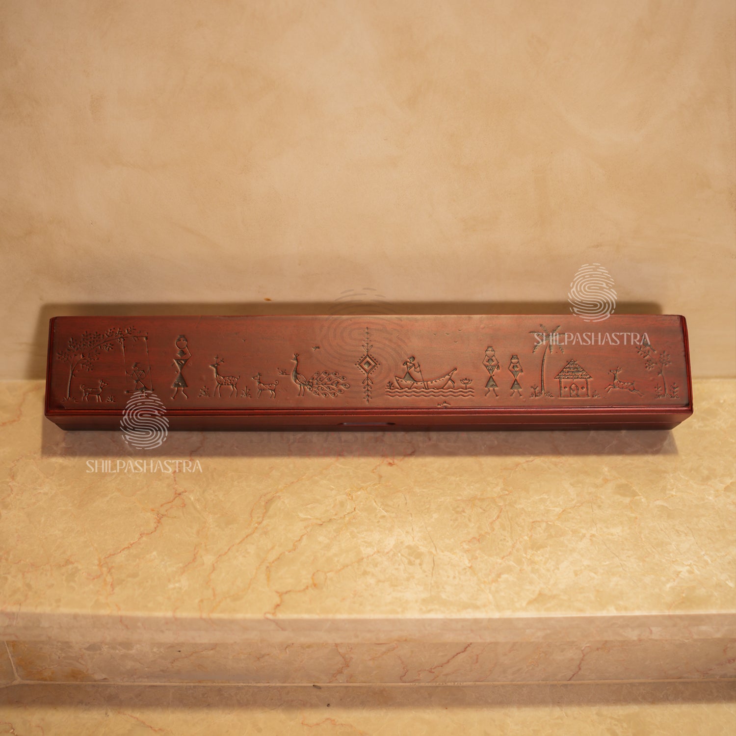 Mahogany Folding Pallanguzhi (14 Pits) with Laser-Engraved Village Folk Art