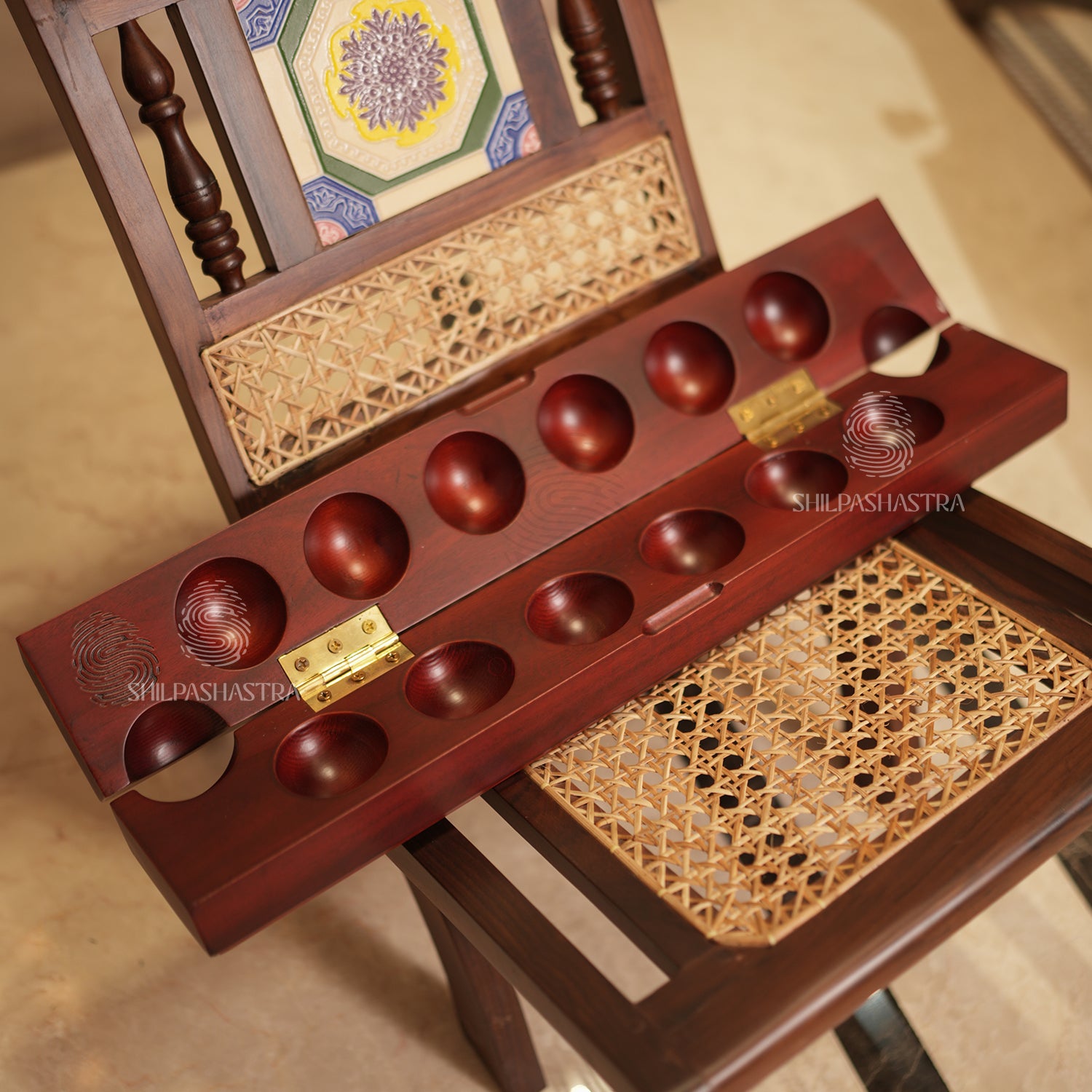 Mahogany Folding Pallanguzhi (14 Pits) with Laser-Engraved Village Folk Art