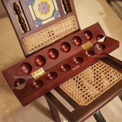 Mahogany Folding Pallanguzhi (14 Pits) with Laser-Engraved Village Folk Art