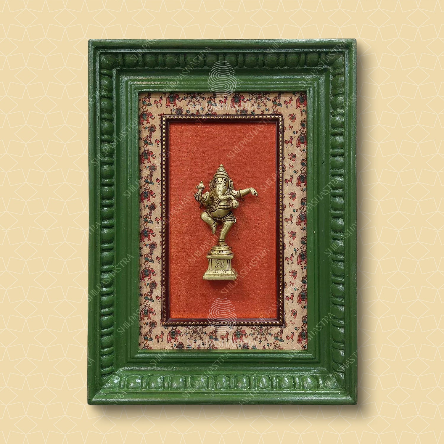 Brass Dancing Ganesha in Manipuri Style Vintage Frame Wall Decor for Home & Pooja (Size 12 In x 8 In)