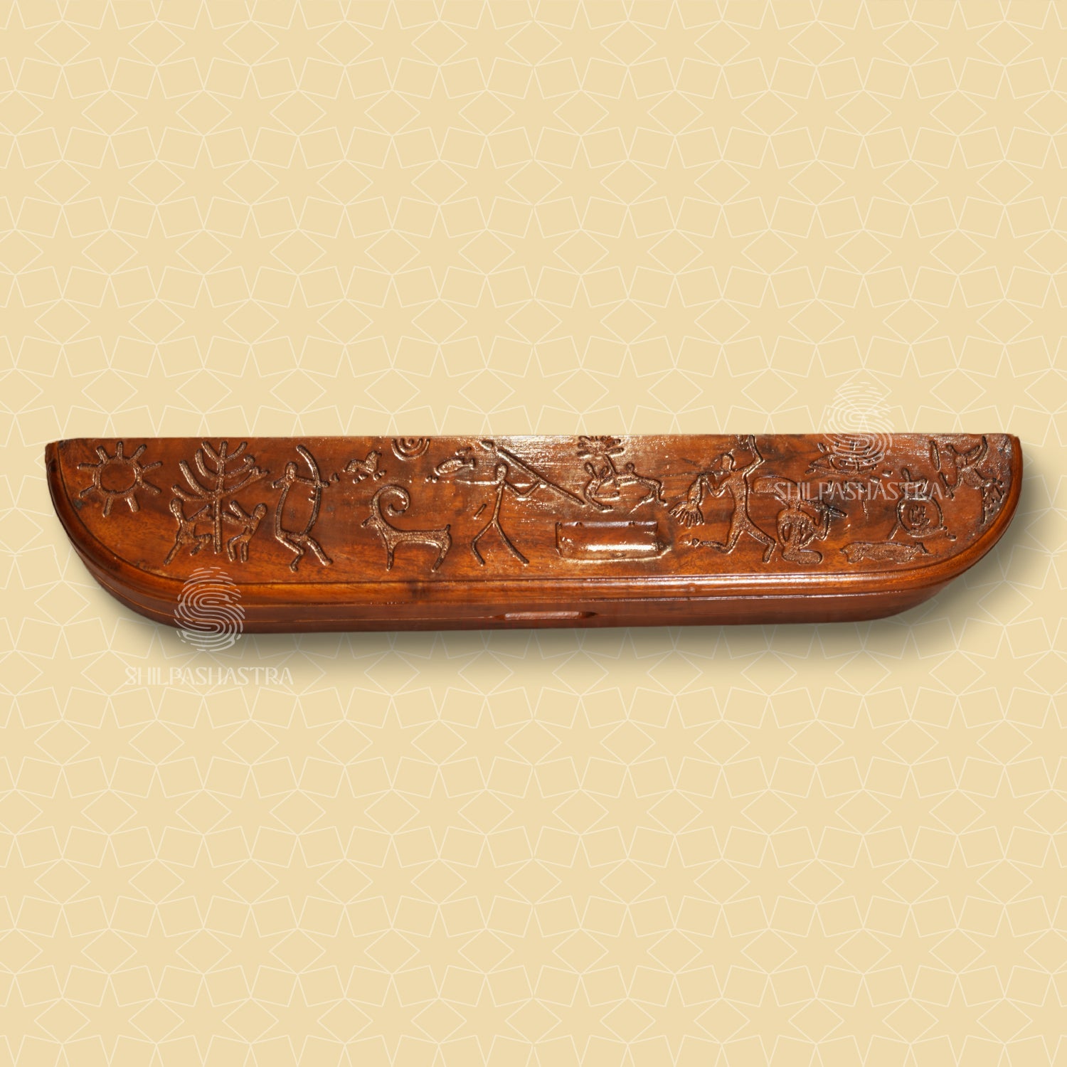 Handcrafted Mahogany Oval Folding Pallanguzhi (14 Pits) with Tribal Carvings