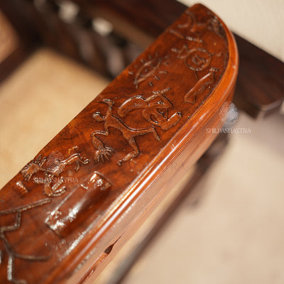Handcrafted Mahogany Oval Folding Pallanguzhi (14 Pits) with Tribal Carvings