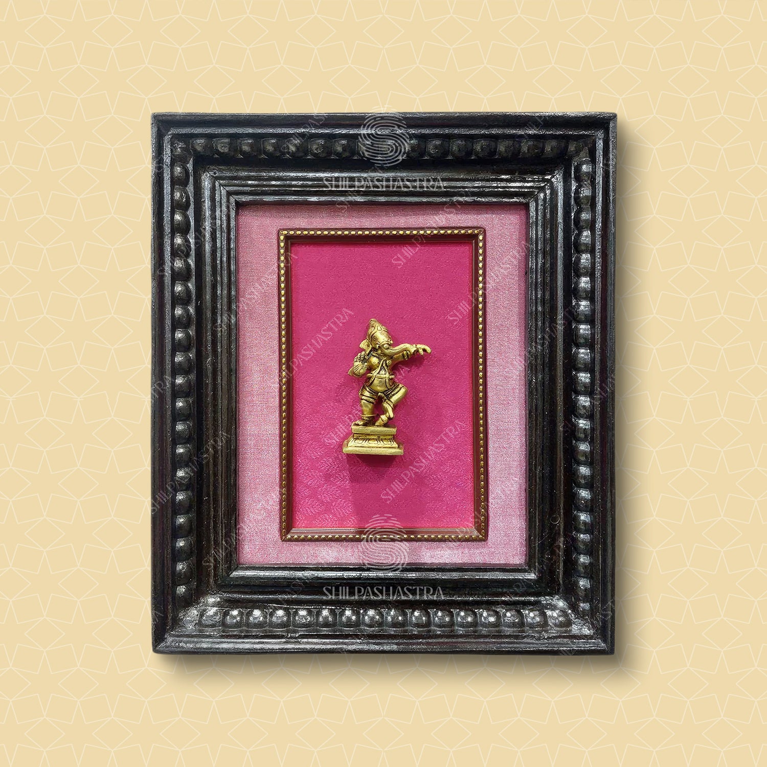 Small Brass Dancing Ganesha in Manipuri Style Teakwood Heritage Frame Wall Decor for Home & Pooja (Size 10 In x 8 In)