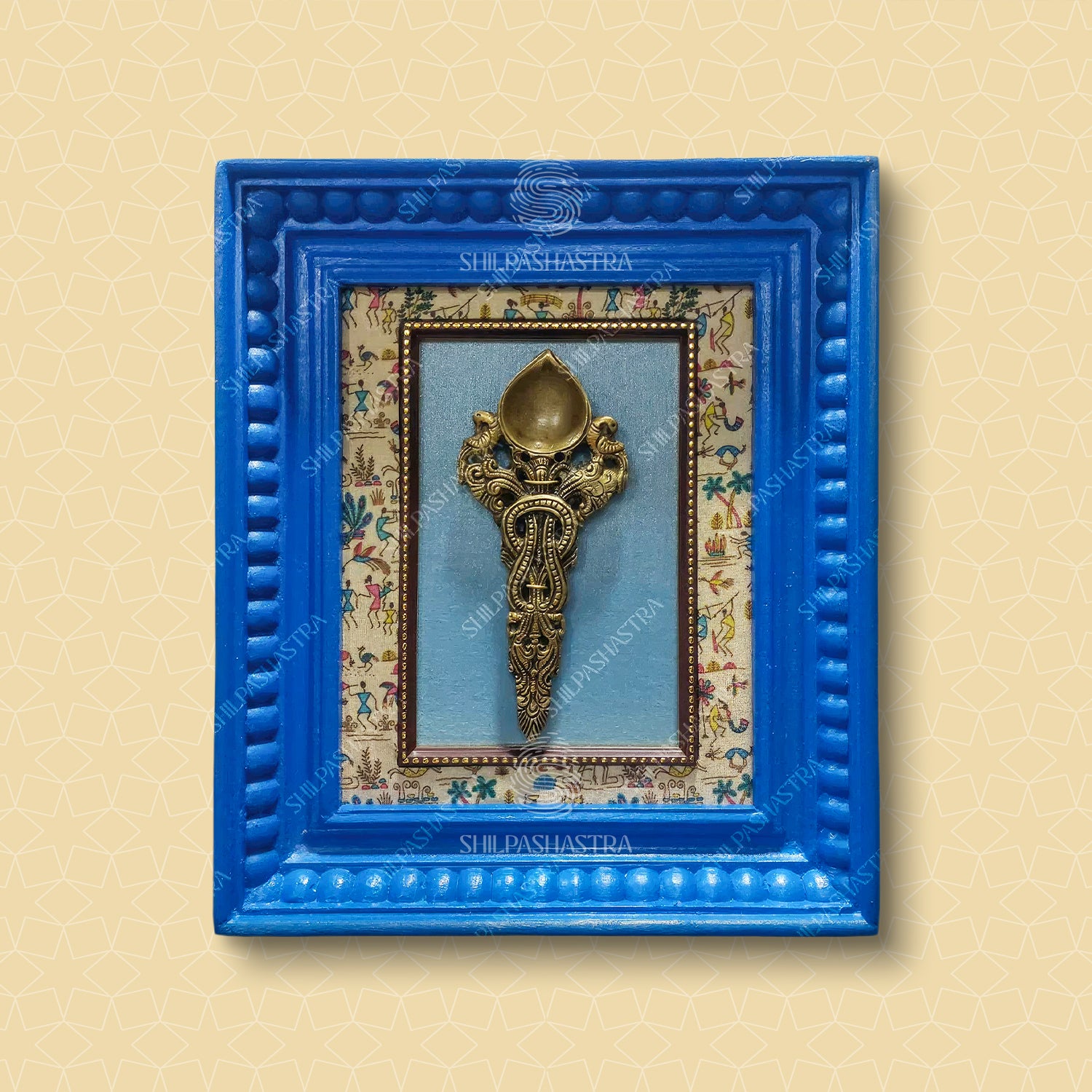 Brass Arathi Spoon in Manipuri Style Vintage Frame Wall Decor for Home & Pooja (Size 10 In x 8 in)