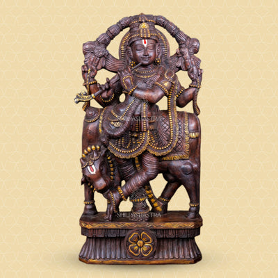 Handcrafted Wooden Krishna with Cow – Traditional South Indian Sculpture