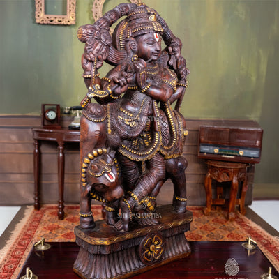 Handcrafted Wooden Krishna with Cow – Traditional South Indian Sculpture