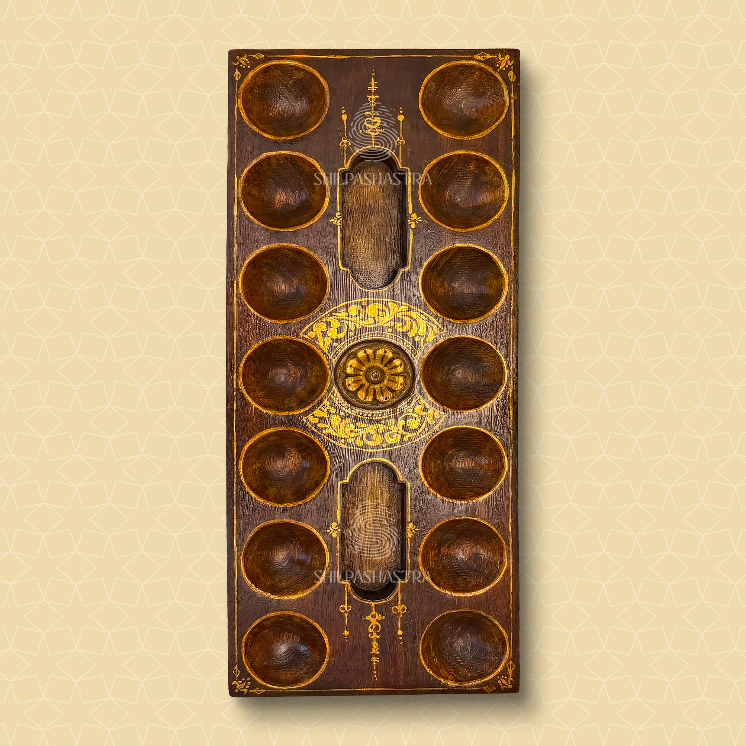 Handpainted Gold Floral Vaagai Wood Pallanguzhi (14 Pits) | Artisan Heritage Board Game