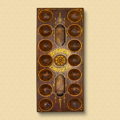 Handpainted Gold Floral Vaagai Wood Pallanguzhi (14 Pits) | Artisan Heritage Board Game