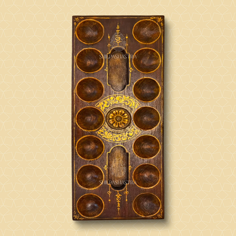 Handpainted Gold Floral Vaagai Wood Pallanguzhi (14 Pits) | Artisan Heritage Board Game