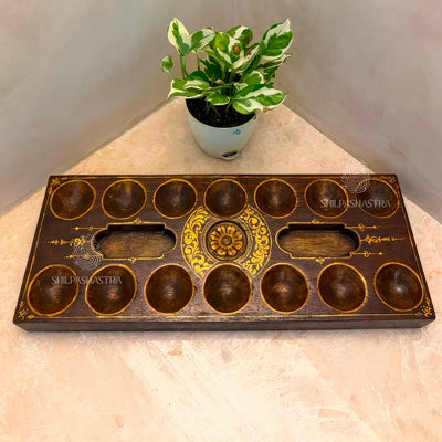 Handpainted Gold Floral Vaagai Wood Pallanguzhi (14 Pits) | Artisan Heritage Board Game