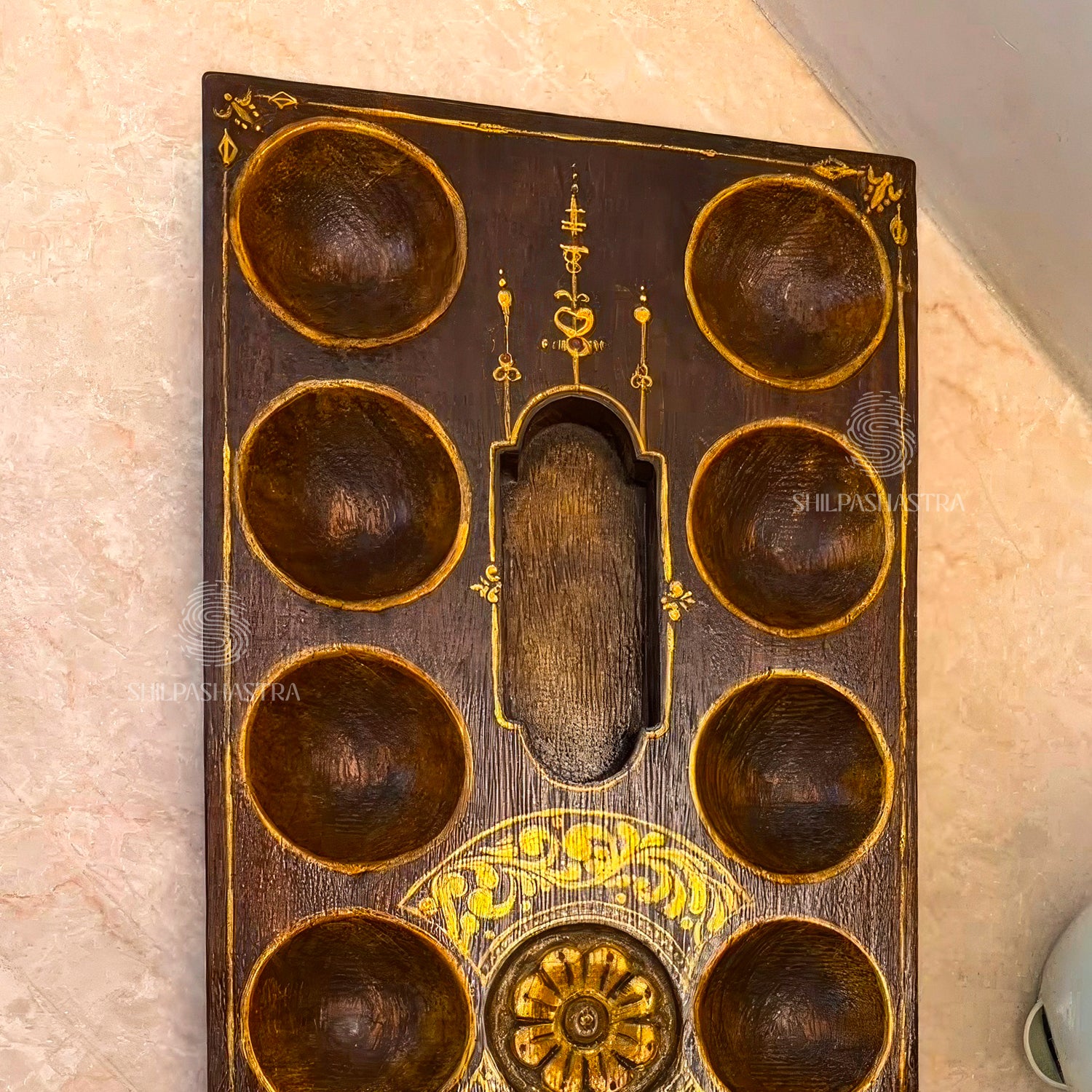 Handpainted Gold Floral Vaagai Wood Pallanguzhi (14 Pits) | Artisan Heritage Board Game