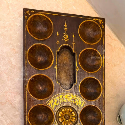 Handpainted Gold Floral Vaagai Wood Pallanguzhi (14 Pits) | Artisan Heritage Board Game