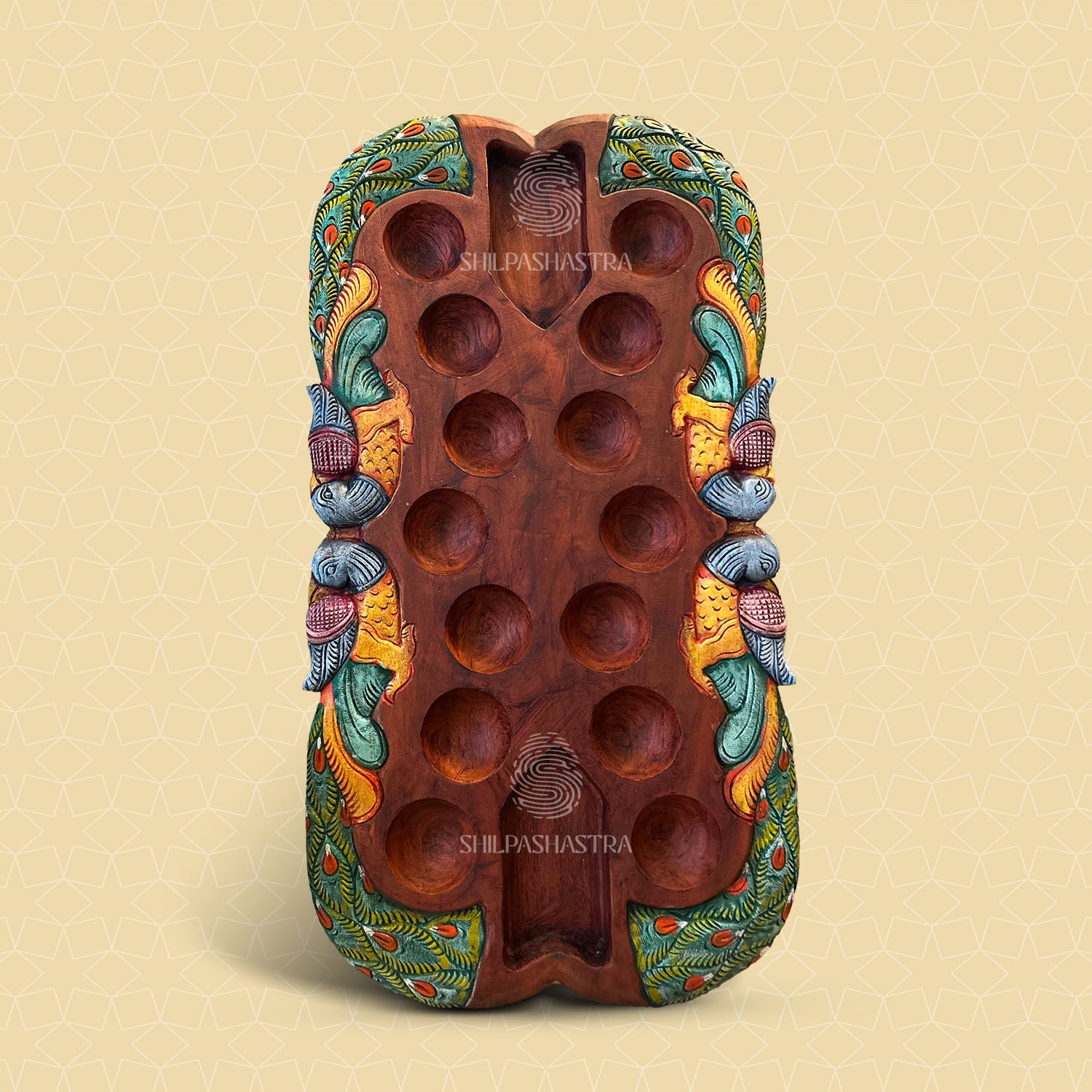 Special Edition Peacock Pallanguli – Handcrafted Mahogany Board (24 × 13 Inches)