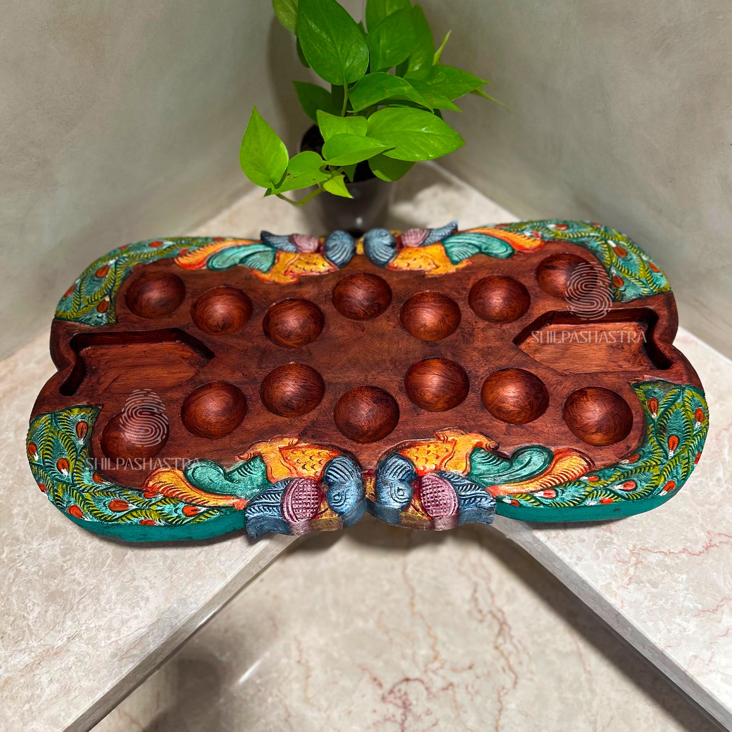Special Edition Peacock Pallanguli – Handcrafted Mahogany Board (24 × 13 Inches)
