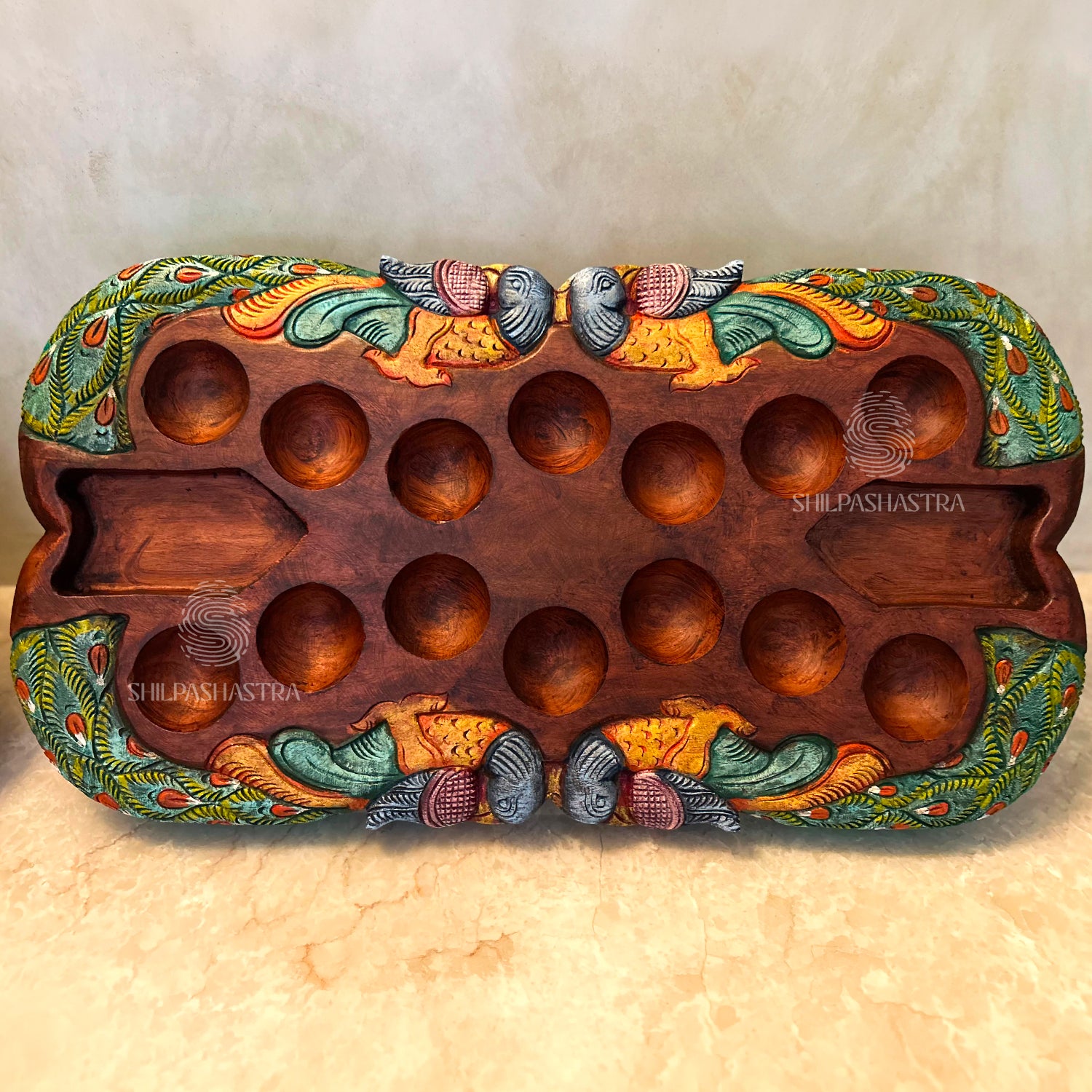 Special Edition Peacock Pallanguli – Handcrafted Mahogany Board (24 × 13 Inches)