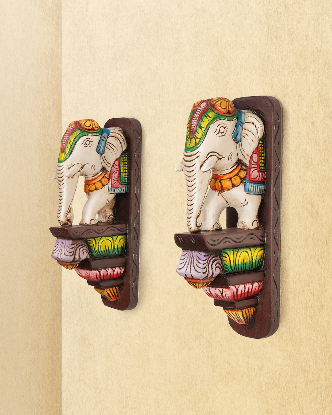 Medium Hand Carved White Painted Wooden Elephant Wall Brackets for Doorway & Home Decor