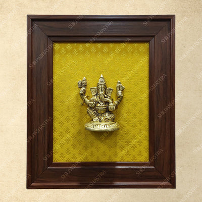 Brass Ganesha Idol in Premium Fibre Frame Wall Decor for Home & Pooja Room (Size - 8 In x 8 In)