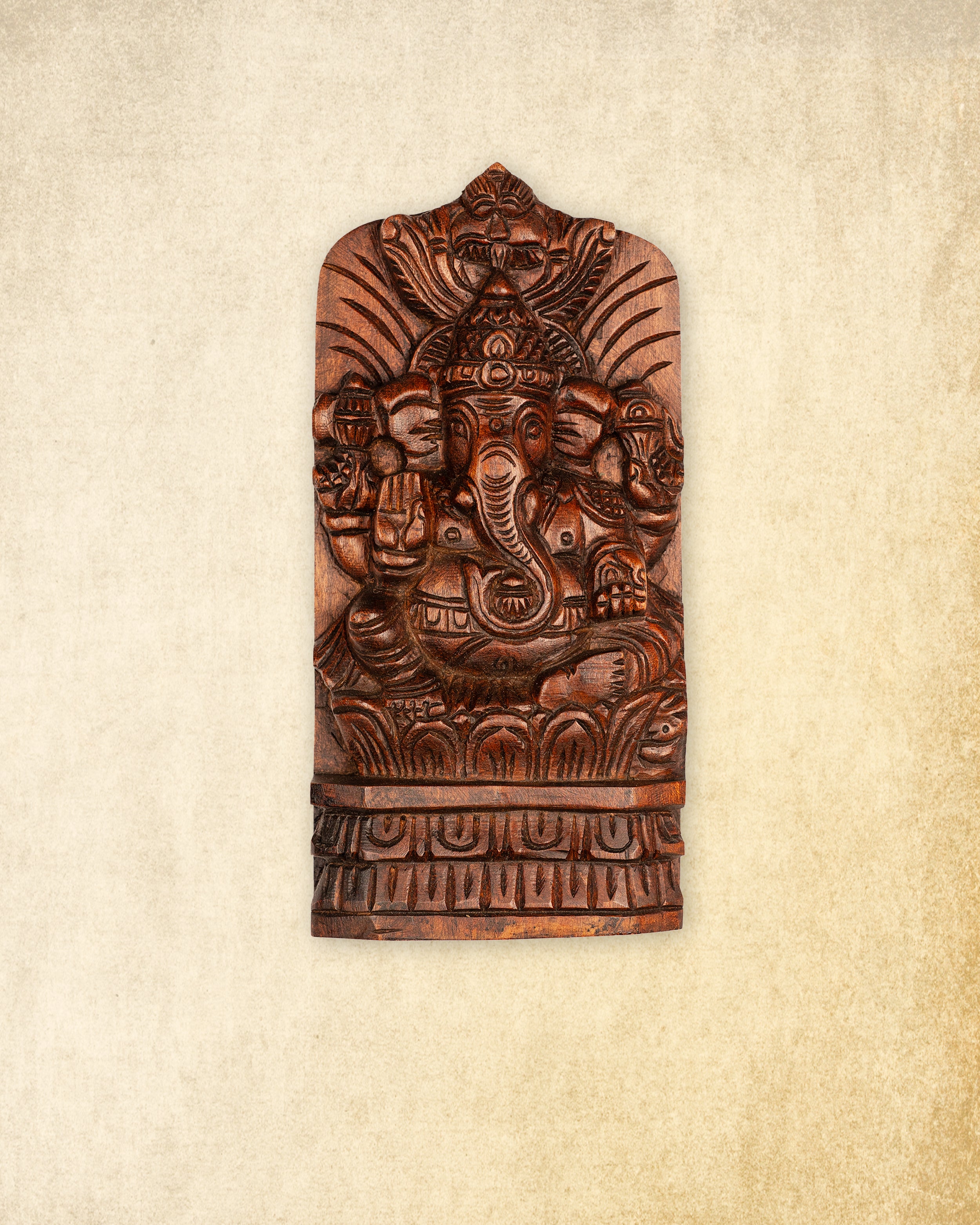 Ganesha on Lotus – Hand-Carved Wooden Wall Panel