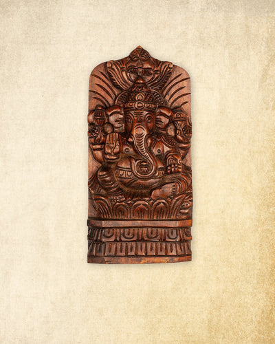 Dark Brown Finish Hand Carved Wooden Ganesha on Lotus Wall Panel for Home & Pooja Decor
