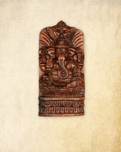 Ganesha on Lotus – Hand-Carved Wooden Wall Panel