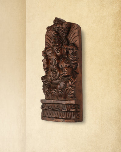 Dark Brown Finish Hand Carved Wooden Ganesha on Lotus Wall Panel for Home & Pooja Decor