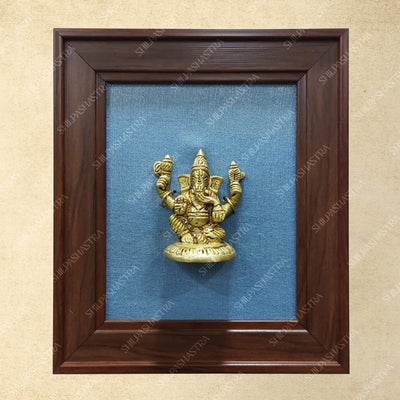 Brass Ganesha Idol in Premium Fibre Frame Wall Decor for Home & Pooja Room (Size - 8 In x 8 In)