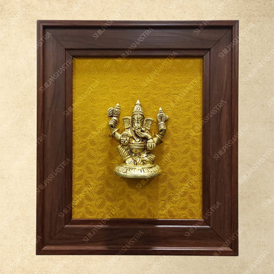 Brass Ganesha Idol in Premium Fibre Frame Wall Decor for Home & Pooja Room (Size - 8 In x 8 In)
